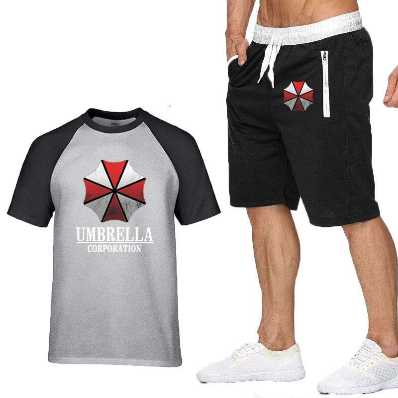 New Summer Men’s T-Shirts Umbrella Corporation Printed Raglan Short Sleeve High Quality Cotton Men's T-shirt+Shorts Suit 2pcs