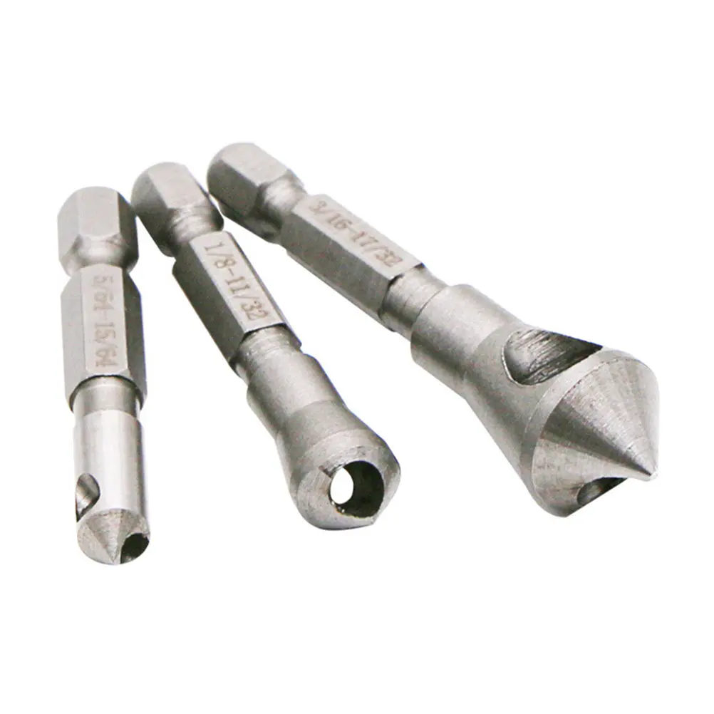 3Pcs High Speed Steel Countersink Chamfer Tool Kit with Chip Evacuation Design for Fast Accurate Hole Deburring Chamfering