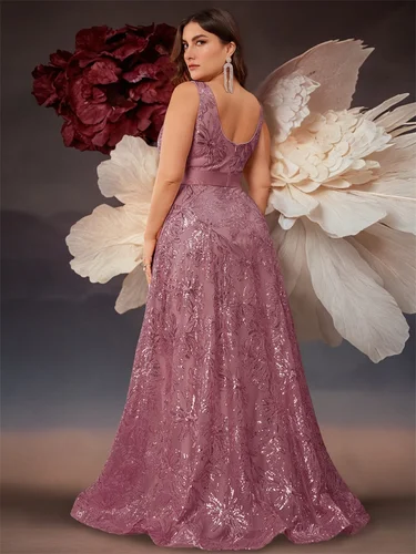 Imagen 2 del producto Vestido de noche azul con lentejuelas y escote en V profundo de lujo de talla grande para mujer elegante con espalda en V vestidos largos de cóctel para fiesta de boda y graduación