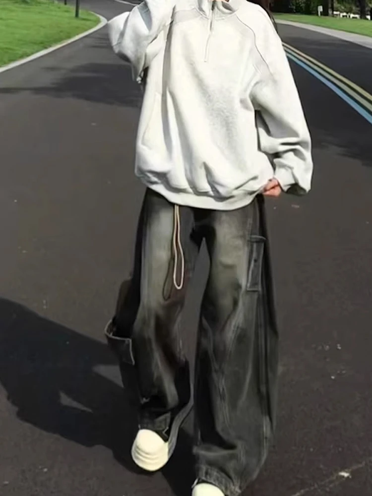 블라 아메리칸 하이 스트리트 아디언트 나이프 오버사이즈 힙합 슬레 남성 데님 진 캐주얼 와이드 레그 팬츠 워크웨어