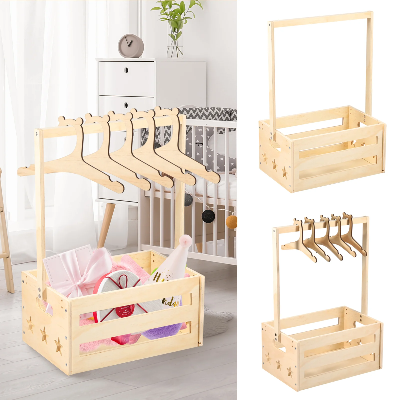 Wooden Baby Shower Crate Closet with Wheels Higher Handle,Pushable Baby Shower Gifts Baby Basket Pregnancy Gifts for New Parents