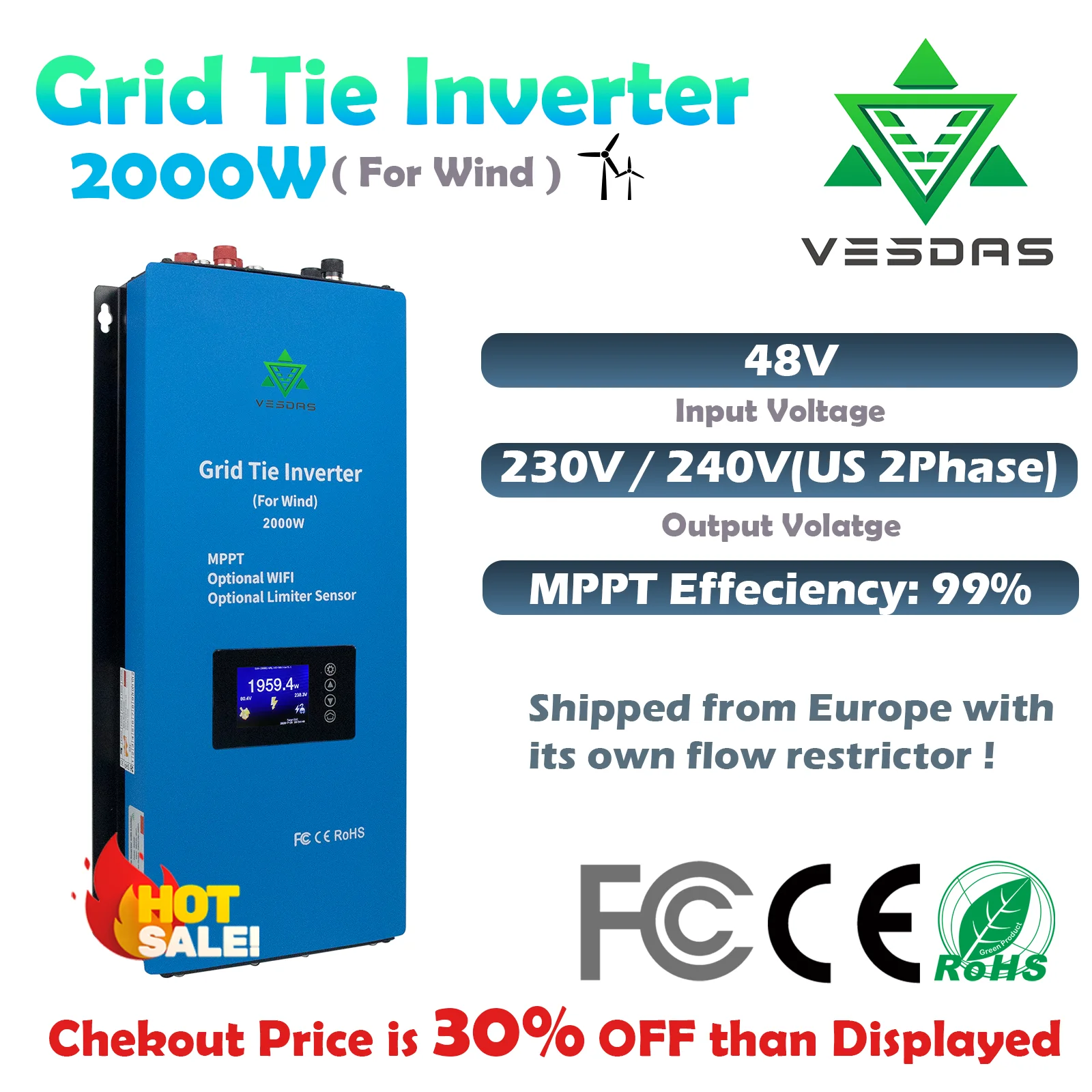 2000W 22V-60VDC 45V-90VDC Wind Energy Current Limiter, Optional WiFi, With Current Limiter Sensor, Wind Grid Connected Inverter