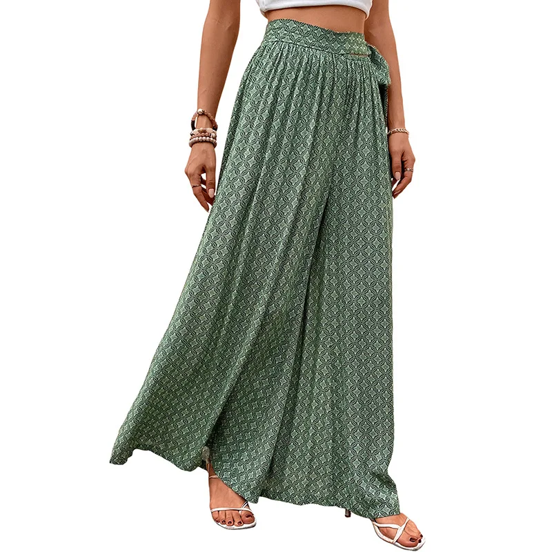 Summer Autumn 2025 Wide Leg Pants Loose Casual Vacation Beach Tie High Waist Long Trousers Comfortable Loose Printed Trousers