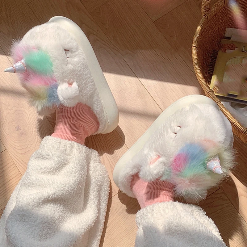 Winter Cute Colorful Unicorn Plush Cotton Slippers Women\'s Indoor Anti slip and Warm Cotton Slippers