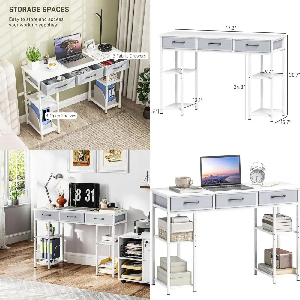 

Белый домашний офисный стол 47 дюймов с 3 тканевыми ящиками, регулируемыми полками и местом для хранения, компактный письменный стол