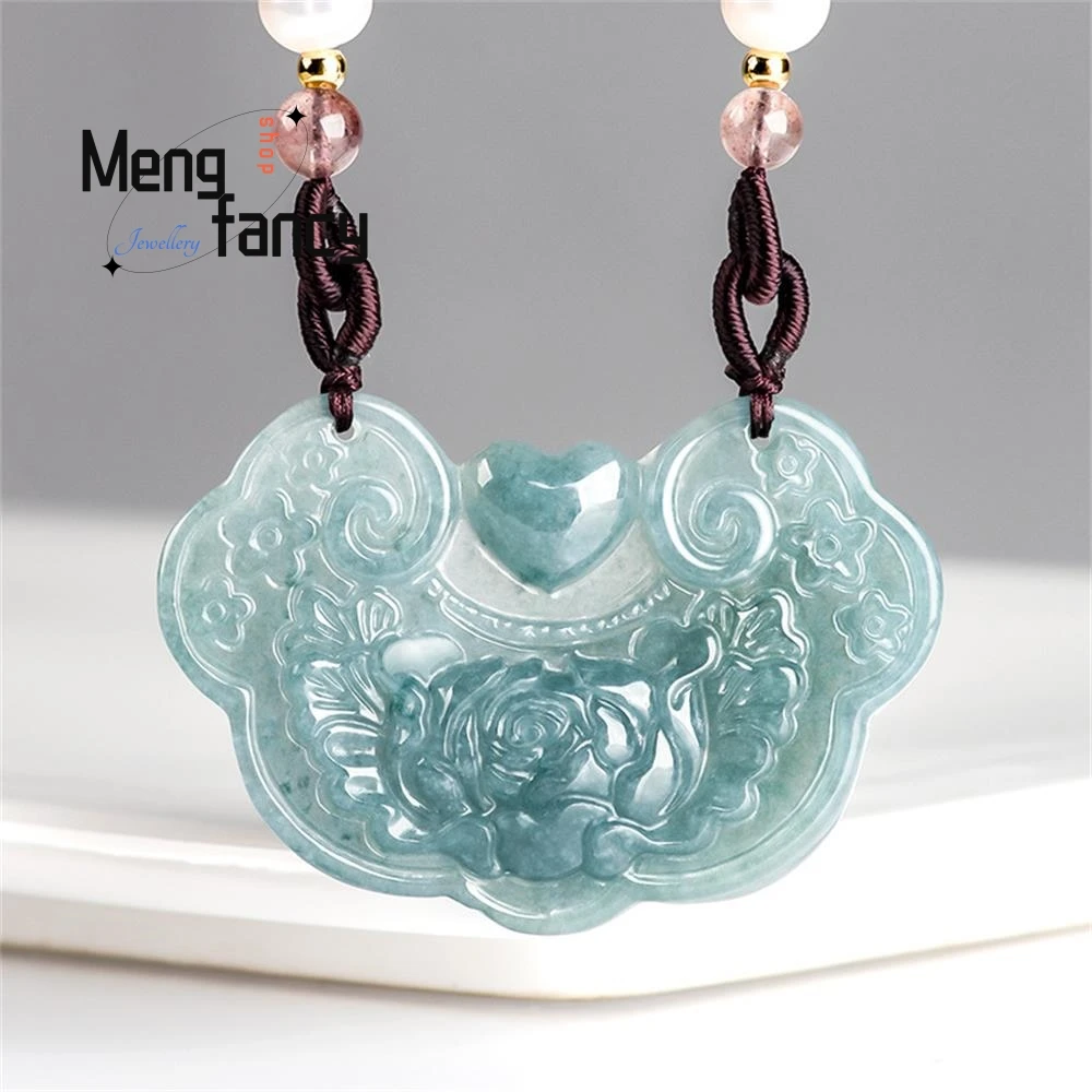 

Natural A-goods Jadeite Blue Water Blossoms Rich And Auspicious Jade Pendant Exquisite Handicraft Best Selling Fashion Jewelry