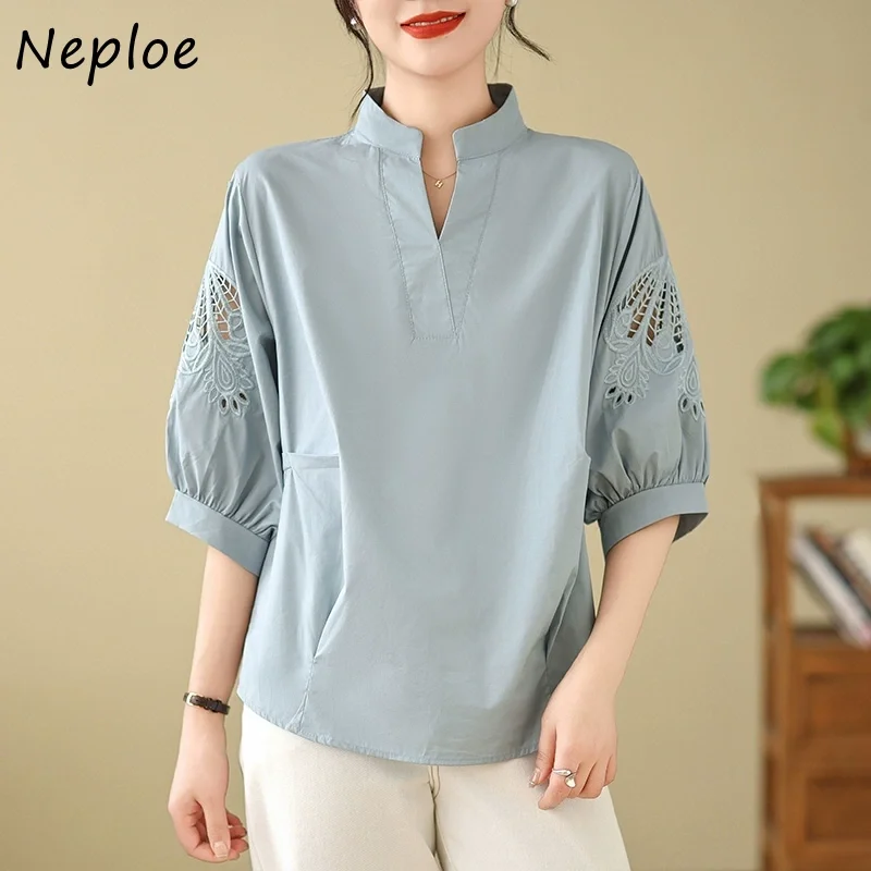 Neploe French Style Vintage Hollow Out Fresh Tops Embroidery Lantern Sleeve Loose Trend Shirt Minority Stand Collar Casual Mujer