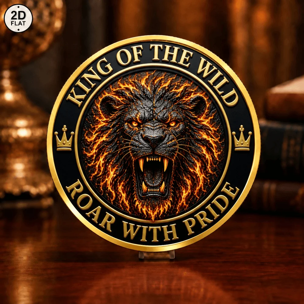 1pc Flame Wolf and Roaring Lion Commemorative Coin Wild Heart Unbreakable Soul UV Print Collectible Medal Gift for Wildlife Fans