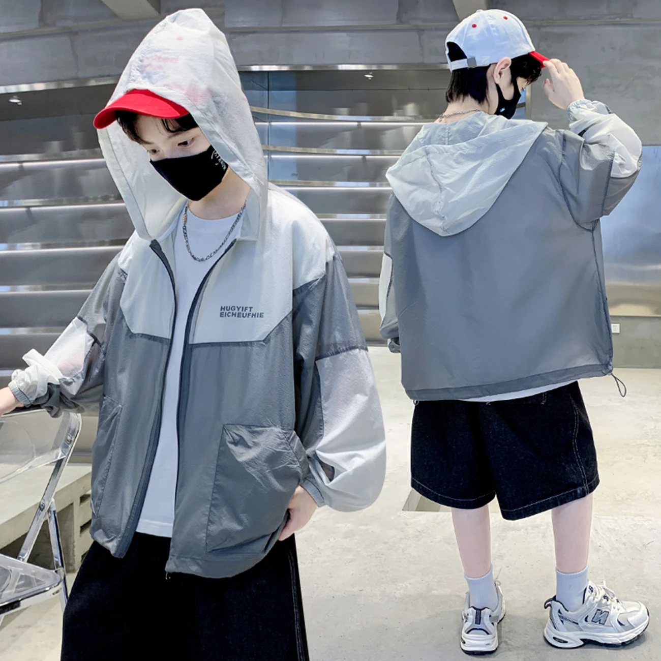 Boys Teen Lightweight Breathable Summer Sun Protection Hooded Casual Shirt Thin Polyester Fiber Long Sleeve Zipper Closure