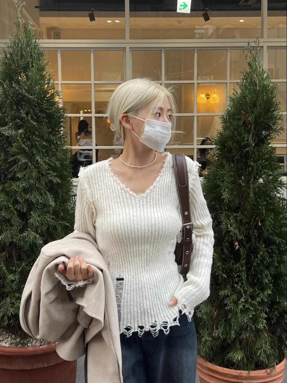 레트로 그레이 니트 스웨터 여성 긴 소매 이너웨어 v 넥 풀오버 봄 가을 겨울 홀 디자인 캐주얼 루즈핏