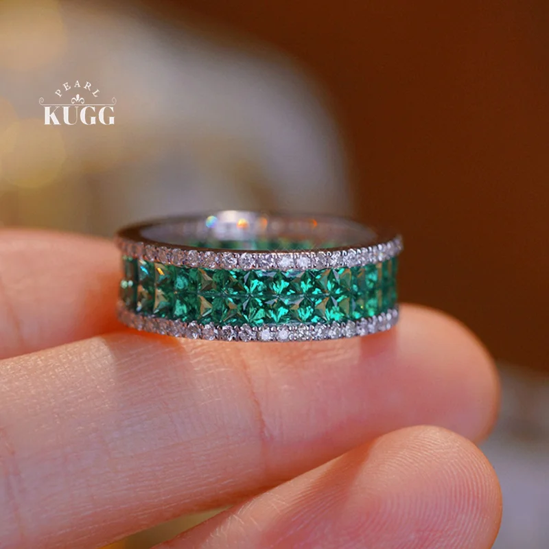 KUGG 100% 18K White Gold Rings Luxury Classic Design Shiny Diamond Natural Emerald Ring for Women Senior Banquet High Jewelry