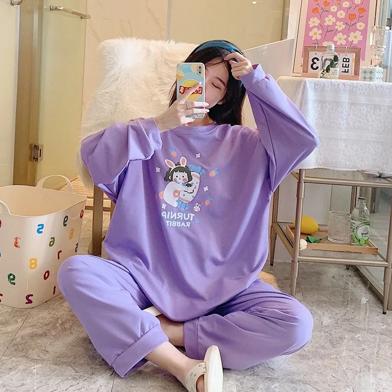 2XL-5XL Plus Size Cotton Sleepwear Women Korean Version Cartoon Long-sleeved Home Suit Loose Two-piece Set Can Be Worn Outside