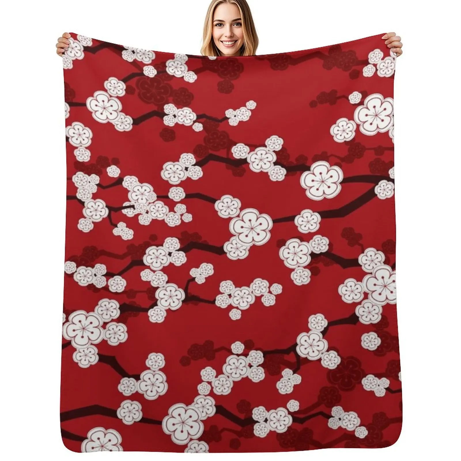 Flores de cerezo orientales blancas sobre fondo rojo |   Flores de Sakura Japonesas Zen fatfatin Manta decorativa, mantas peludas y mantas