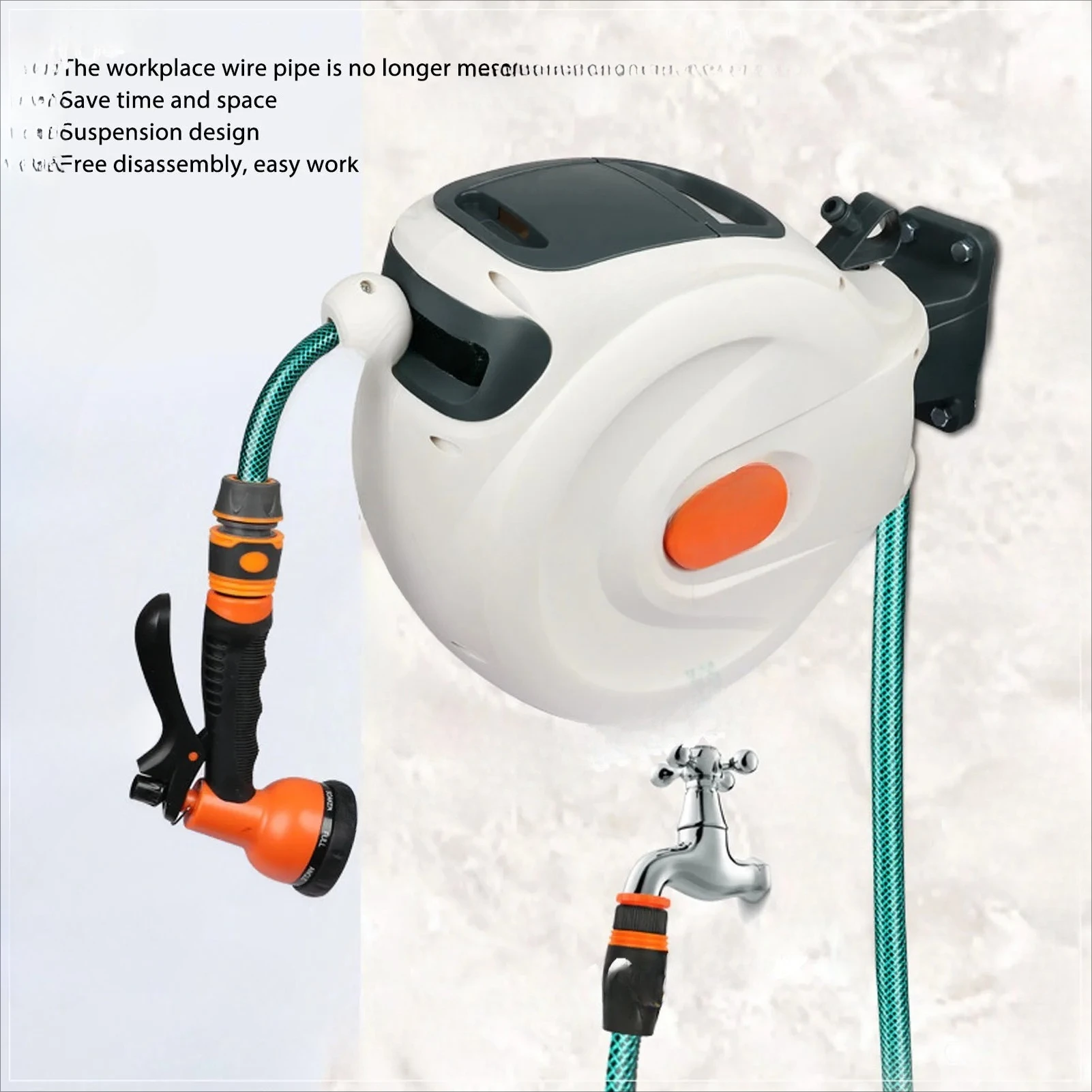 Any Length Lock Slow Return 180° Swivel 10m Retractable Garden Hose Reel Free Standing Wall Mount with Sprayer Nozzle