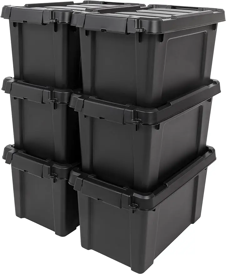 USA 5 Gallon Lockable Storage Totes with Lids, 6 Pack - Black, Heavy-Duty Durable Stackable Containers, Large Garage Organi