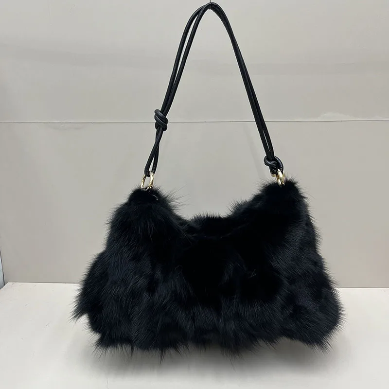 Luxury Real Fox Fur Women Messenger Bag Winter Ladies Warm Shoulder Bags Designer Fur Tote Bag Evening Party Clutch Bag