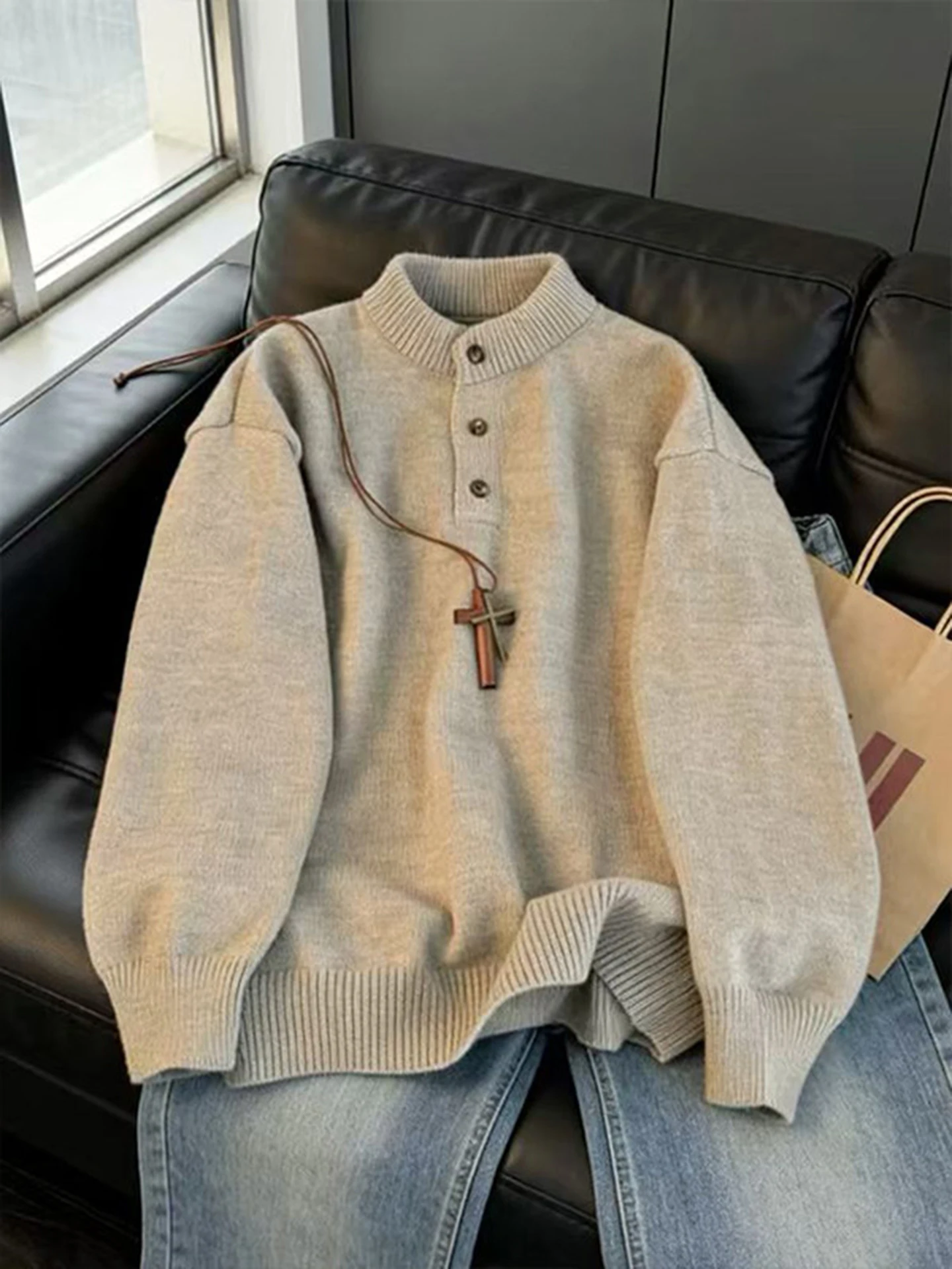 

American Sle Men's Knitted Sweater Henry Collar Lazy Sle Inner irt High End Outerwear Soft Comfortable Polyester F...