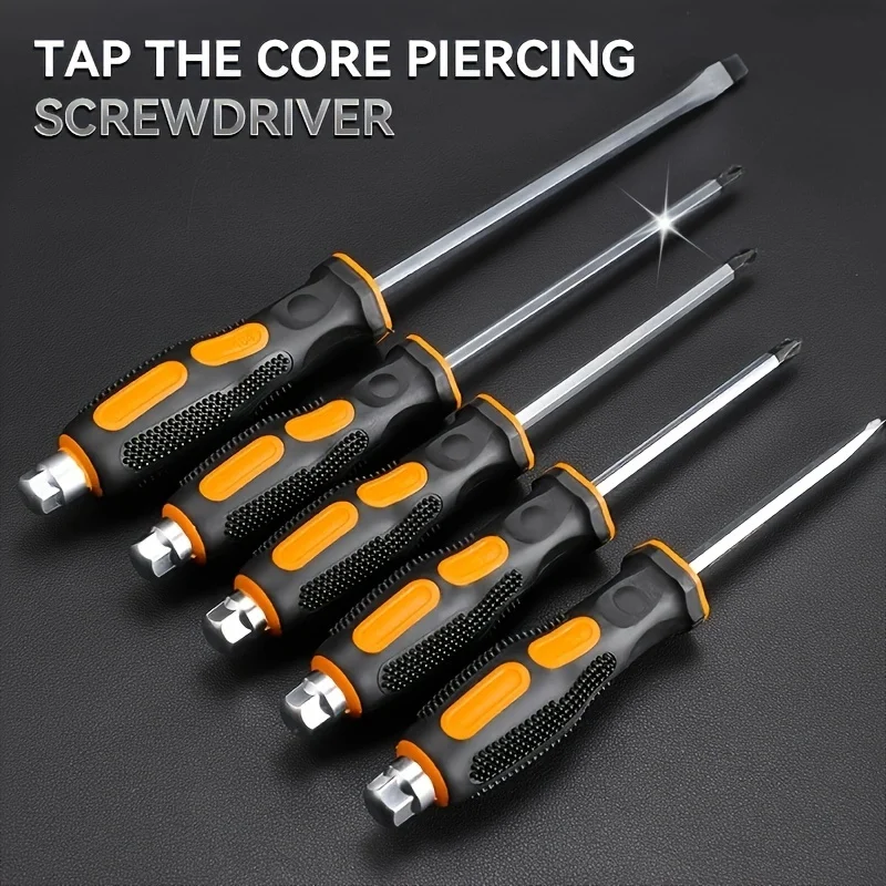 2pcs set 6-8 inch Anti-slip Go-through Hammer Screwdriver Magnetic Screw Driver set Slotted Screwdriver With Soft Grip