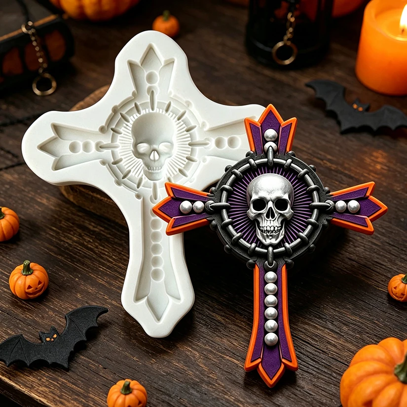 Halloween-Totenkopf-Kreuz-Silikonform für Zuckerguss, Harz, Cupcake-Backen, Fondant und Kuchendekoration.