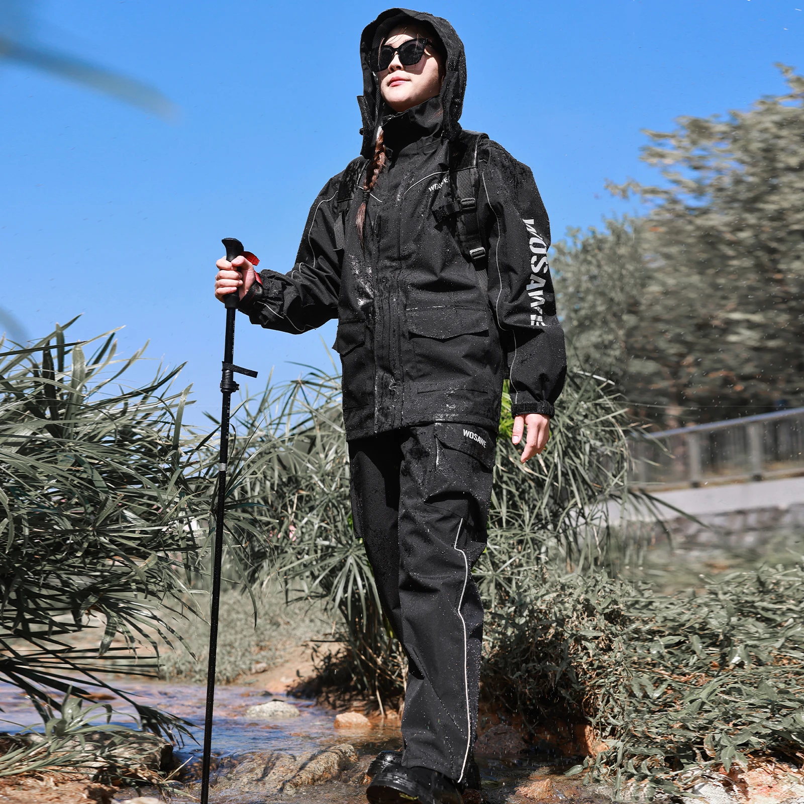 WOSAWE Hiking Rain Pants Wodoodporne, wiatroszczelne spodnie z elastyczną talią i klamrami na nogi Szybkoschnące spodnie outdoorowe do wędkowania