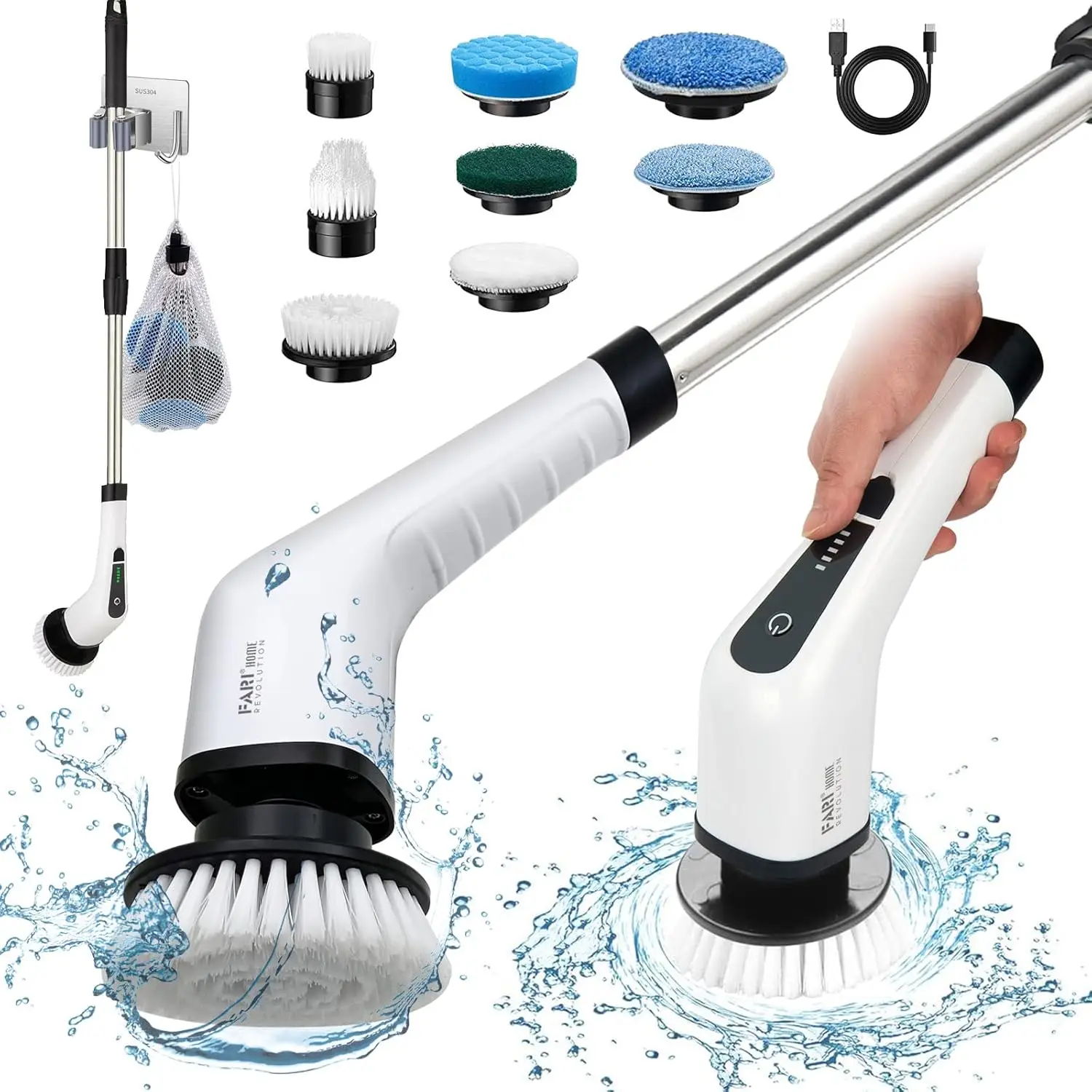 

Cordless Electric Spin Scrubber with 8 Brush Heads, Adjustable Handle for Bathroom and Shower Cleaning