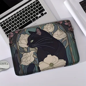 One Set, Two Styles, Vintage Floral Black Cat Pattern Printed Laptop Sleeve, Briefcase, Suitable for 14-inch Laptops