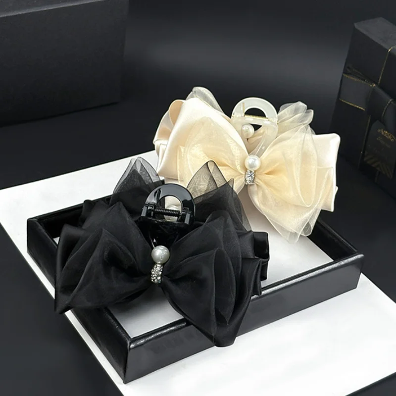 

Black Mesh Satin Pearl Rhinestone Bow Hair Claws Clip Headband Back Head Grip Clip Hair Bands Princess Shark Clip Accessories