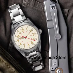 Tandorio 36mm Military Mechanical Red Yellow Mark Vintage Diving Watch Men Wristwatch NH35 PT Moving Small Pilot Red Arrow Hand