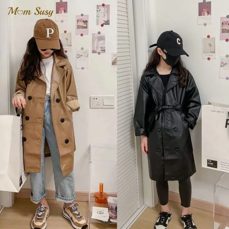 Fashion Baby Girl Boy PU Leather Trench Jacket Spring Autumn Toddler Teen Child Leather Coat Long Loose Outwear Clothes 2-16Y