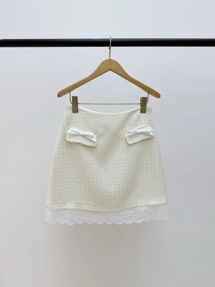 Summer Fashion Ivory White Tweed Sexy Mini Pencil Skirt Women's Middle Waist Slim Butterfly-knot Fake Pocket Lace Hem Skirt
