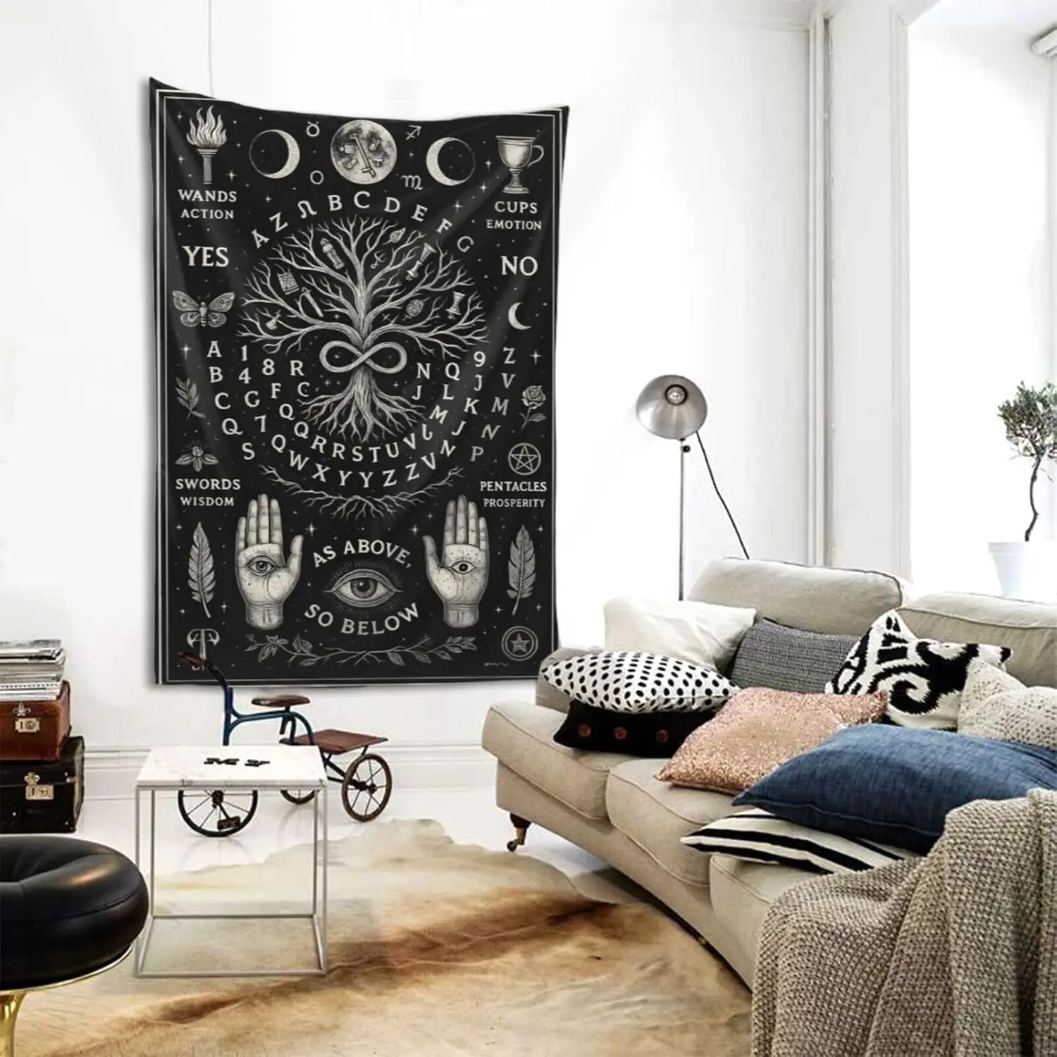 Mystical Tarot Tapestry Wall Hanging Flannel Tree of Life Astrology Decor with Moon Phases, Witchy Spiritual Divination Wall Art