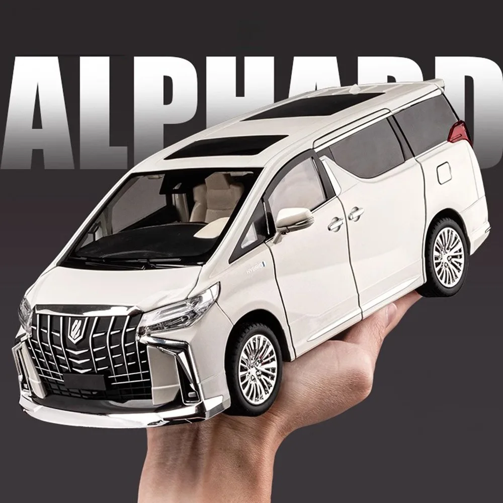 1/18 ALPHARD Model Cars Toy Metal Diecast MPV Automatic Doors Alloy Body Rubber Tires Sound Light Pull Back Toys for Kids Gifts