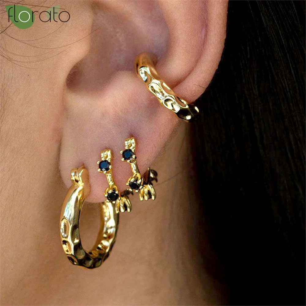 925 Sterling Silver Needle Fashion Gold Earrings for Women Black Crystal Hoop Earrings Wedding Party High Luxury Jewelry Gifts