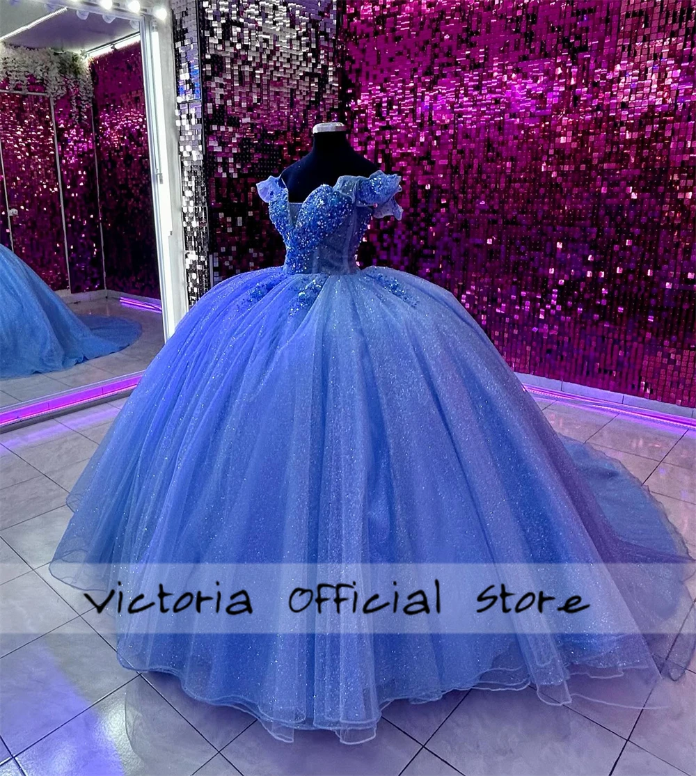 青い真珠のレースのアップリケが付いた裸の肩のボールガウン,豪華な誕生日ドレス,卒業式,卒業式,15 Quinceanera,2024