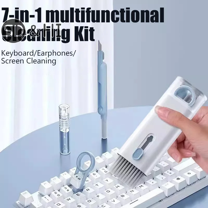 7 In 1 Computer Keyboard Cleaner Brush Kit Screen Cleaning Multifunctional Headset Case Cleaning Tools Spray Bottle Clearing Ash