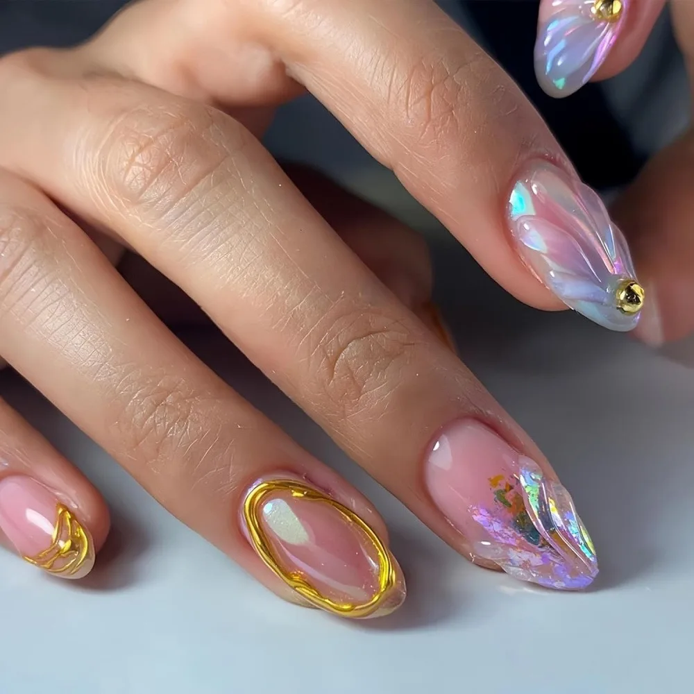1 Box 24Pcs Random Style Press On Nails, Glossy Nude Red Floral Pearl Gold Foil Fake Nails, Reusable Full Cover False Nail Tips for Women Daily Party DIY Manicure