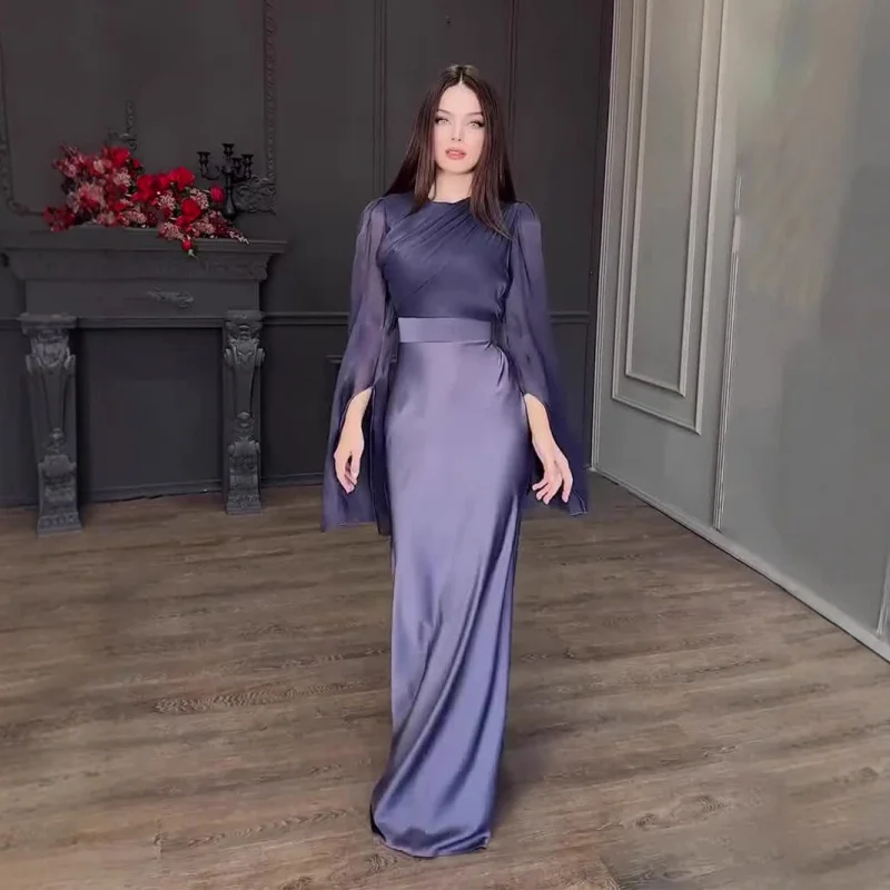 

Autumn Spliced Glass Yarn Wide Sleeve Long Satin Slim Dress