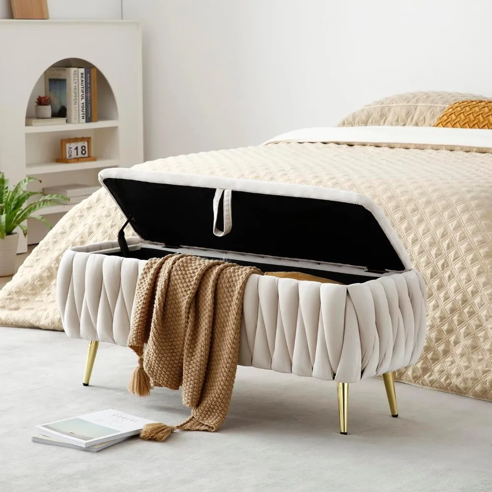 

Storage Ottoman Bench, Storage Bench for Bedroom with Gold Legs Modern, Woven Upholstered Storage Bench,Window Entryway B