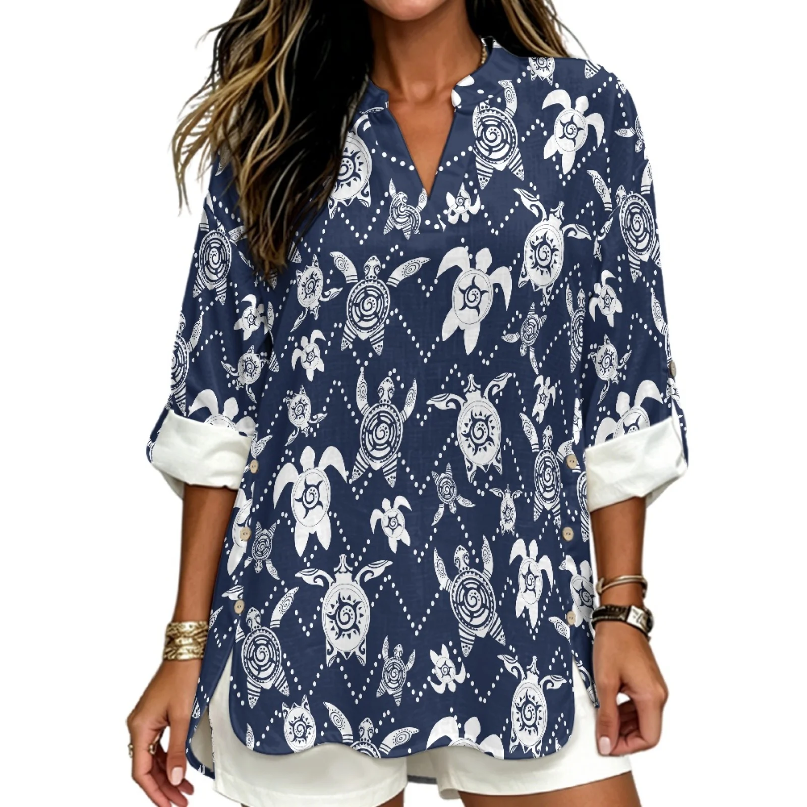 PENSTROLL Flowy Linen Like Beach Tops Breathable Long Sleeve Tops for Resort Gatherings Sea Turtle