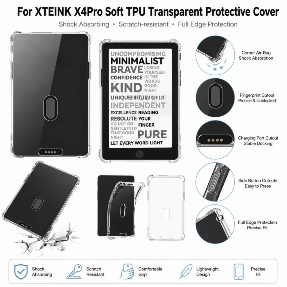 Soft TPU Protective Cover Shock Absorbing Scratch‑resistant Protective Shell Transparent Decorative Cover for XTEINK X4Pro