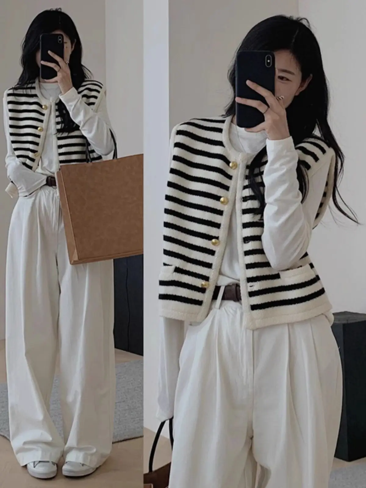 

Bla White Striped Svel Knitted Vest Outerwear Women Early Spring Open Cardigan Sweater Vest Outerwear Casual Sle