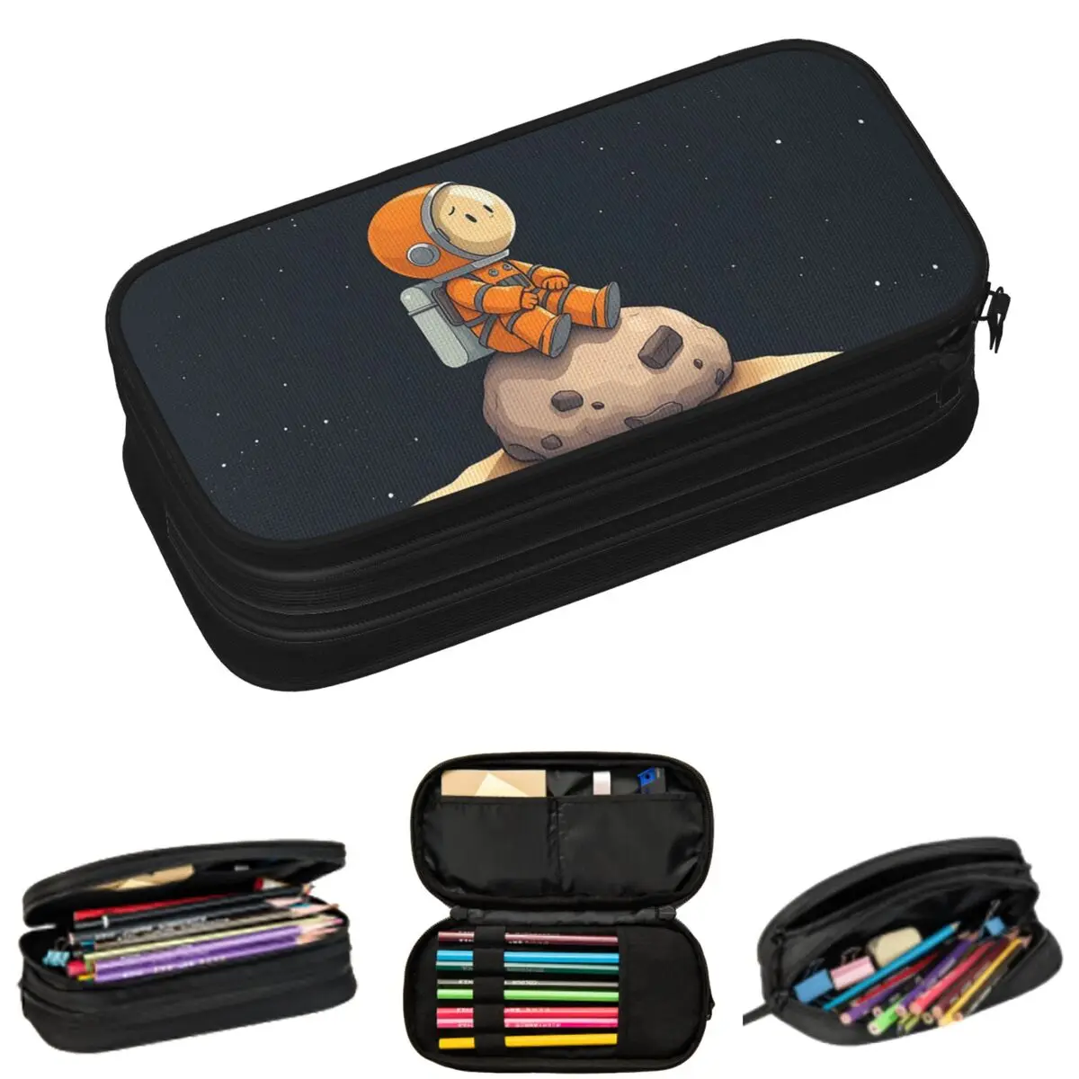 

Пеналы с изображением мультяшного астронавта, сидящего на камнях, для школьников, вместительные пеналы-косметички для ручек и карандашей