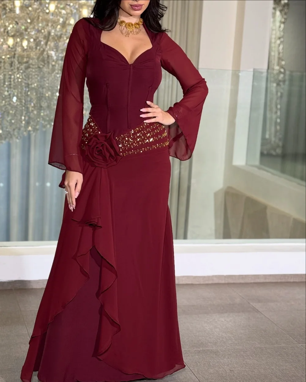 

Customized Matching Formal Chiffon Handmade Flower Beading Sequined A-line V-neck Long Dresses Bespoke Occasion Dresses Fashion