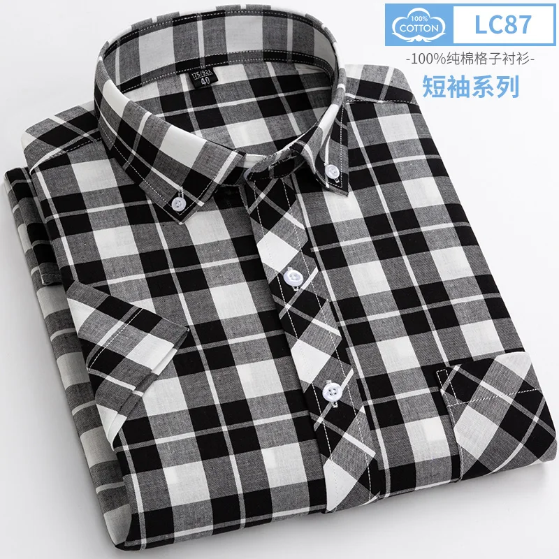 Summer Short Sleeve Shirts for Men Slim Fit Casual Plain Shirt Thin Plaid Hawaiian Soft Tops Popular Clothes 100%cotton