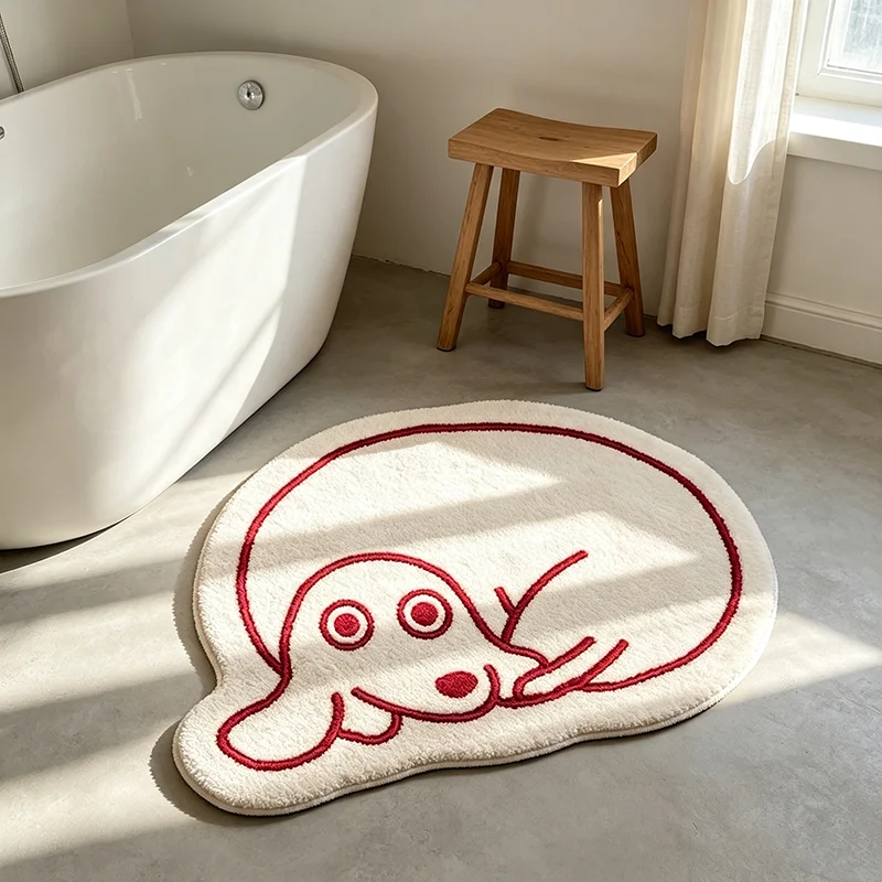 VIKAMA Line Art Dachshund Bath Mat Soft Water Absorbent Non Slip Rug Cartoon Sausage Dog Bathroom Floor Decor