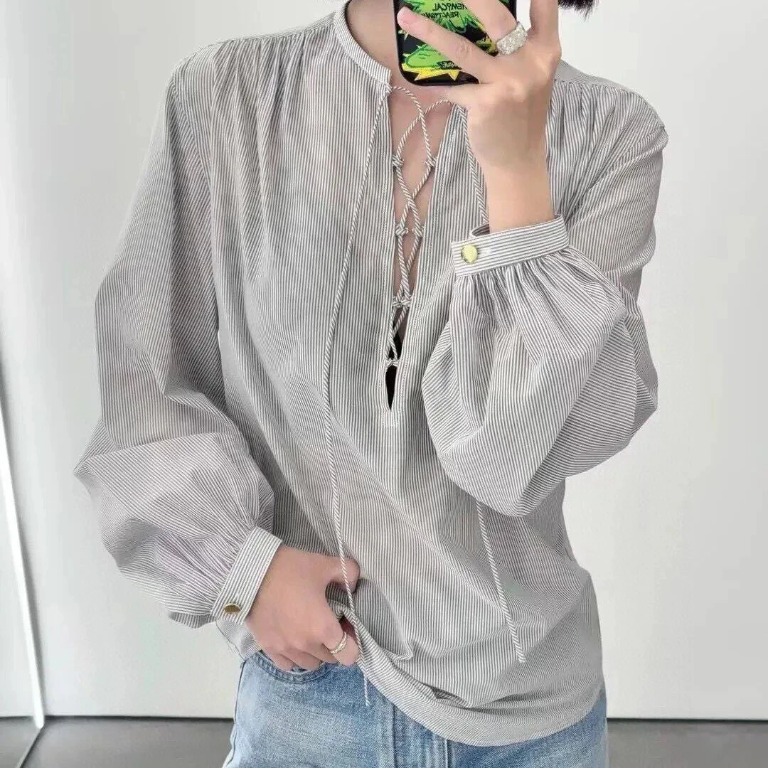 2024 New Spring Autumn Gray Vertical Stripes Shirt Women Cross Lace-up Lantern Long Sleeve Loose Casual Chic T-shirt