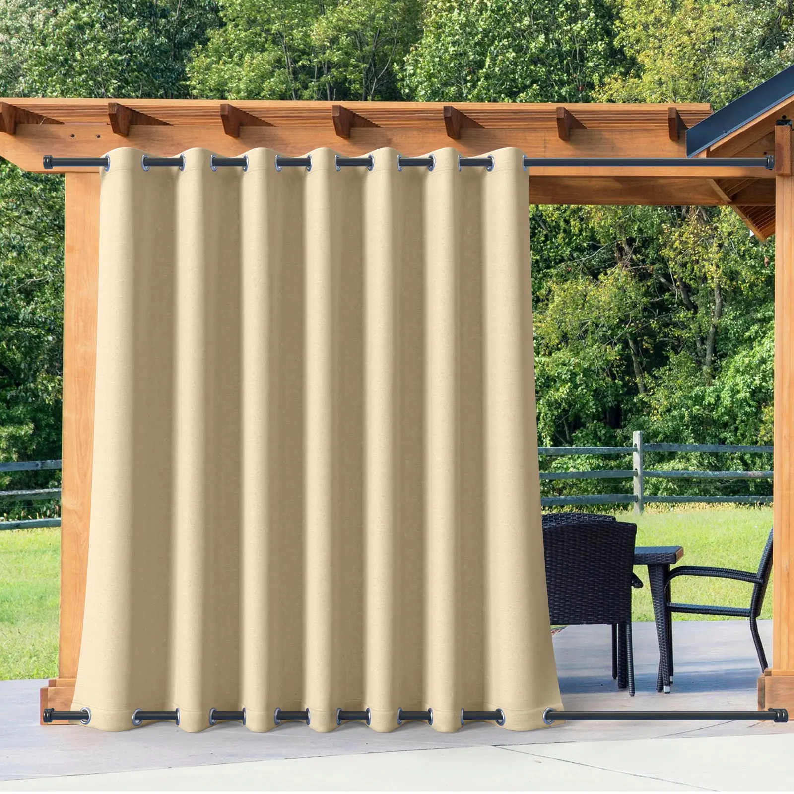 

Waterproof and Thermal Insulated Beige Curtain, Double Grommets, Top and Bottom, Wind-Break Patio Drape, Keep Privacy