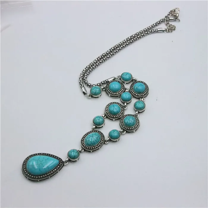 ZFSILVERFashion Retro Ethnic Sliver Plated Synthetic Turquoise Waterdrop Round Sweater Neckalce For Bohemian Jewelry Accessories