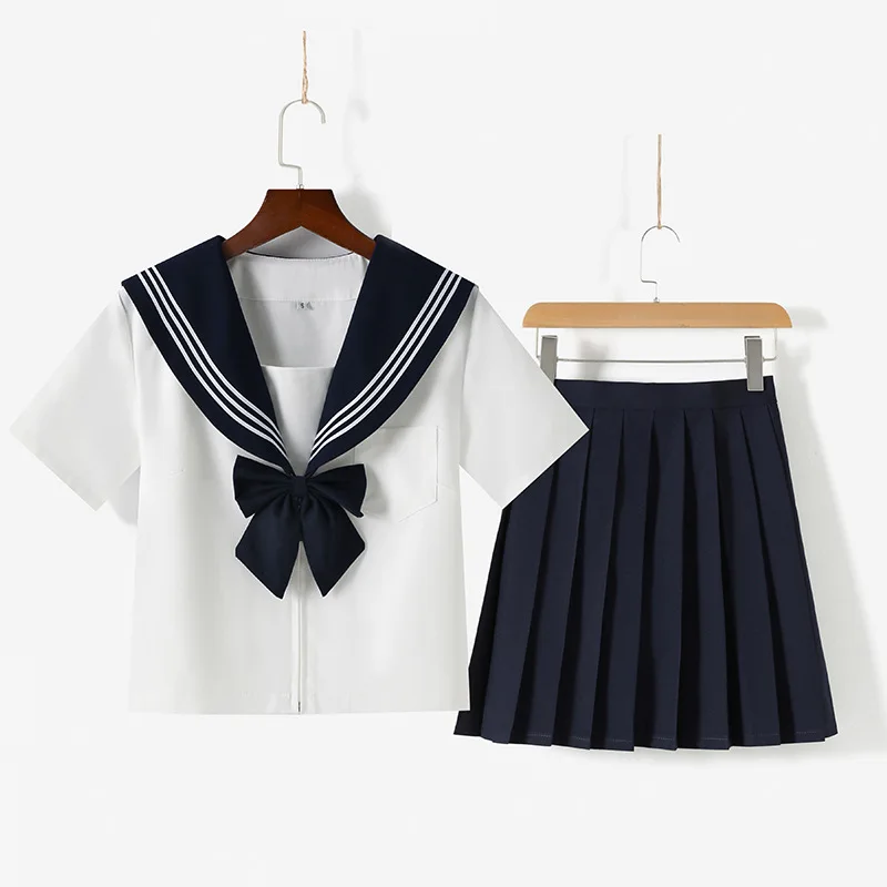 Uniforme JK com gola e linhas brancas femininas, roupas de marinheiro, saia plissada, roupas estilo japonês, fantasias de anime para meninas, uniforme escolar básico preto