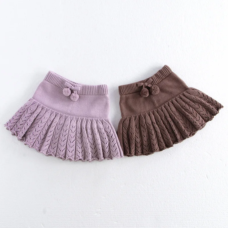 MiniAinis Autumn Winter New Girls Light Purple And Coffee Pleated Skirt Pants Girl Knitted Hollow Out Hair Ball Butt Pants